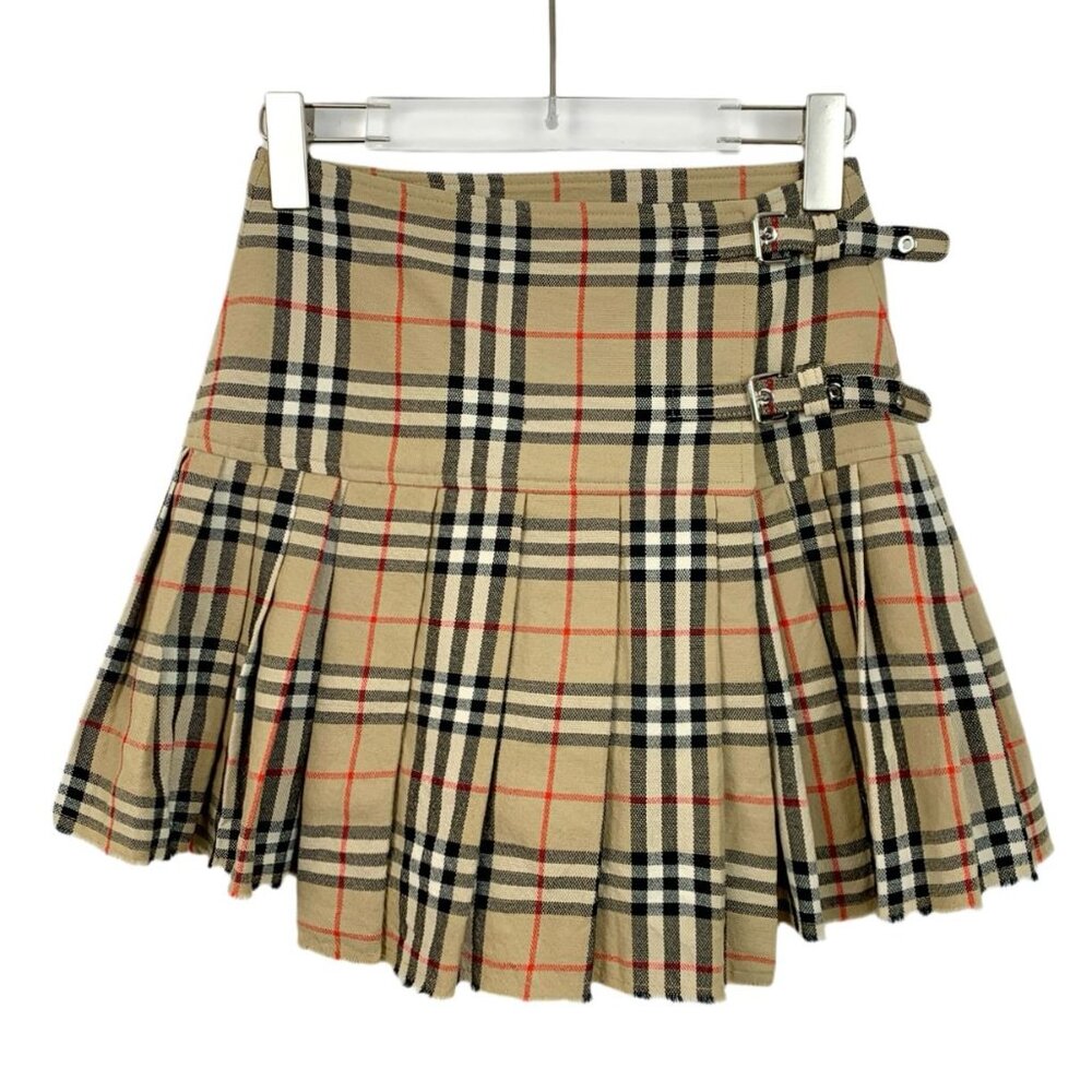 Burberry Beige Nova Check Wool Pleated Mini Skirt With Double Buckle Fastenings